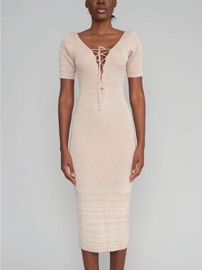 NWOT Lace-Up V-Neck Knit Midi Dress in Cream